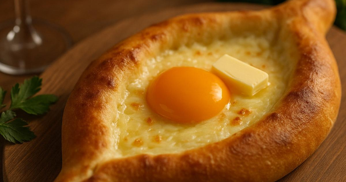 Boat-shaped Ajarski khachapuri with golden cheese filling and a raw egg cracked in the center, fresh from the oven on a rustic wooden surface