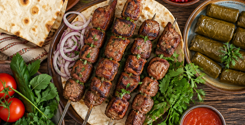 A spread of Armenian food — grilled khorovats skewers, dolma, lavash, tomatoes, herbs, and sauces on a table