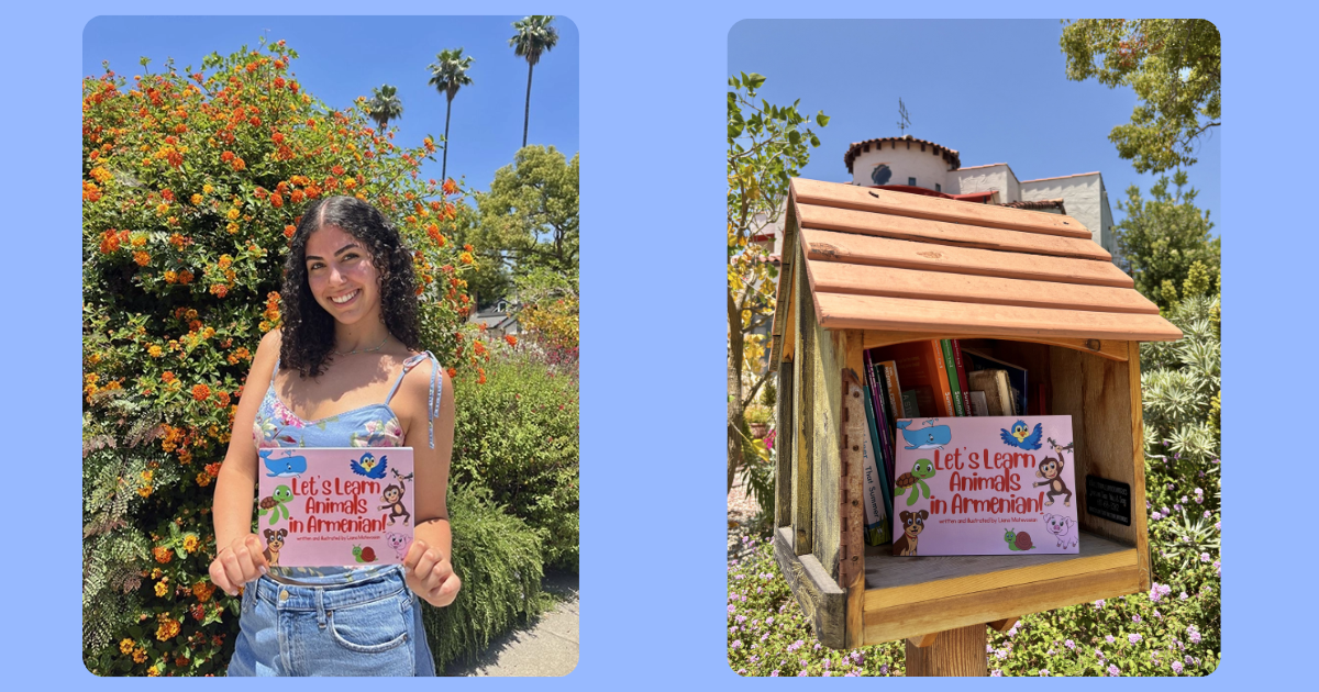 Liana Matevosian with her book and Let's Learn Armenian in a Little Free Library