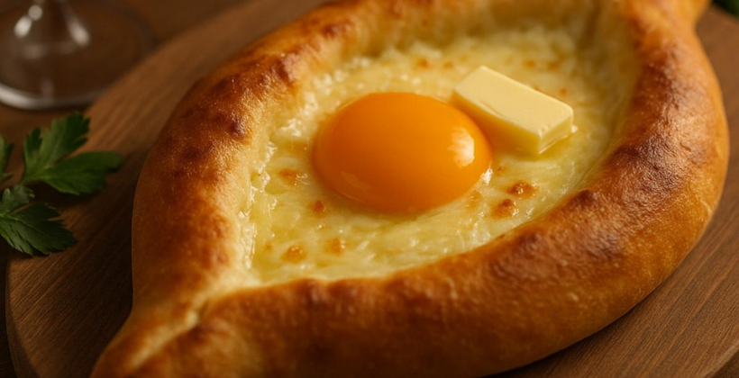 Boat-shaped Ajarski khachapuri with golden cheese filling and a raw egg cracked in the center, fresh from the oven on a rustic wooden surface