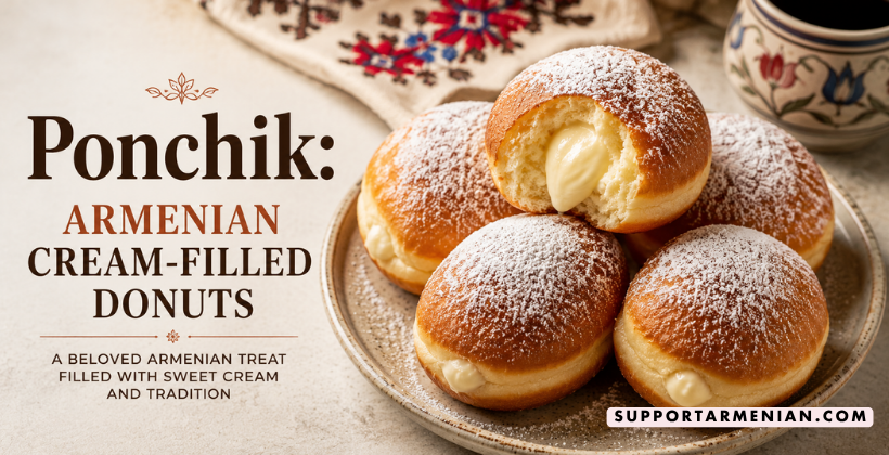 Armenian ponchik — golden cream-filled donuts dusted in powdered sugar