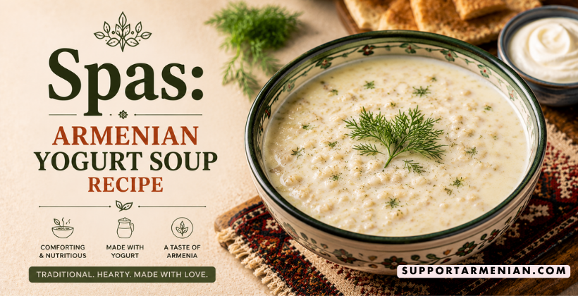 Armenian spas yogurt soup served in a bowl, garnished with fresh mint and a drizzle of browned butter