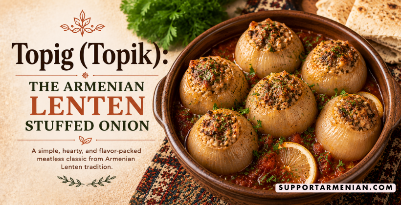 Armenian topig stuffed onion recipe — whole onions filled with spiced chickpea, walnut, and currant mixture, served cold