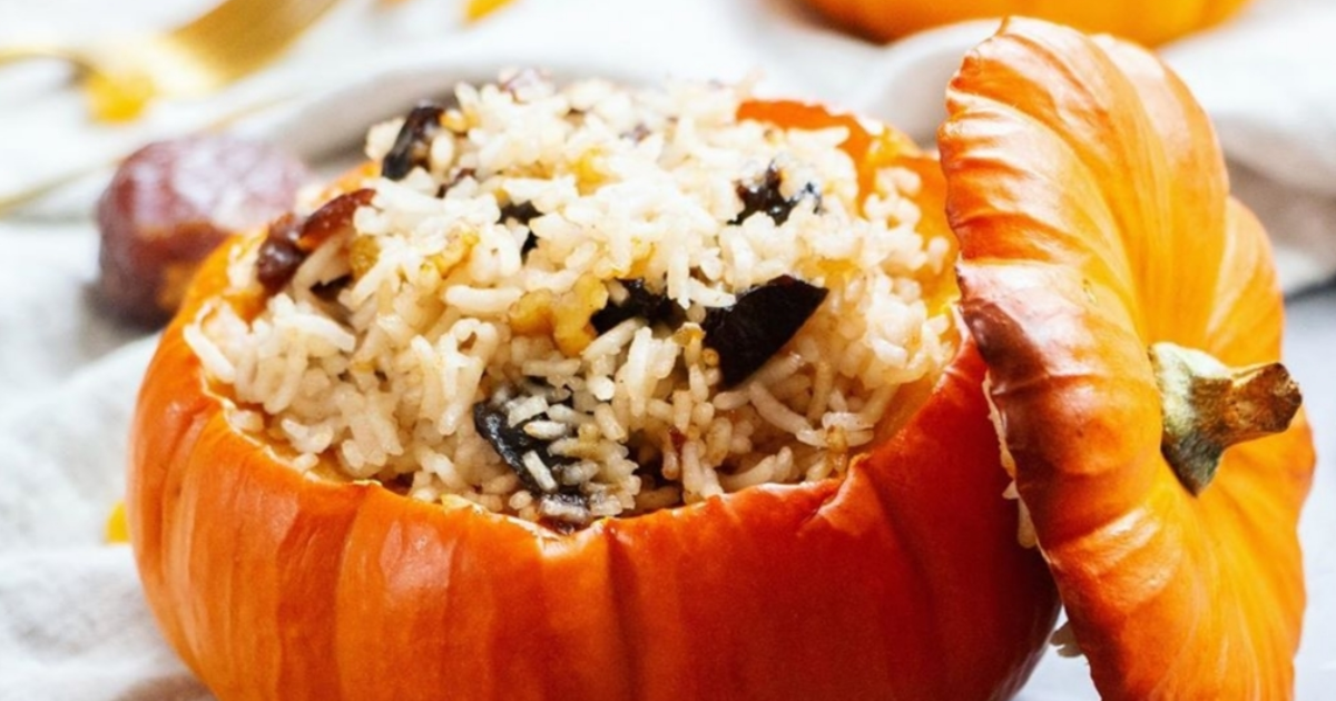 Armenian ghapama — a whole pumpkin stuffed with sweetened rice, dried fruits, walnuts, and honey, baked until golden and brought to the table whole for a festive celebration