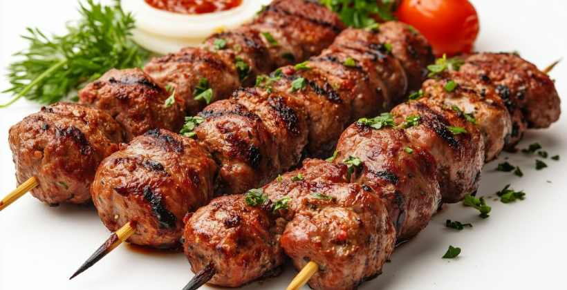 Armenian khorovats — marinated pork and lamb skewers grilling over glowing charcoal on a traditional mangal, with smoke rising and a golden char forming