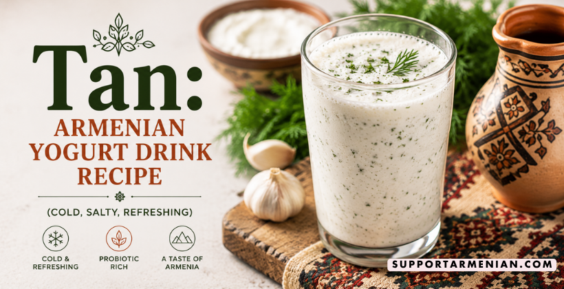 A cold glass of Armenian tan — salted yogurt drink, garnished with fresh mint