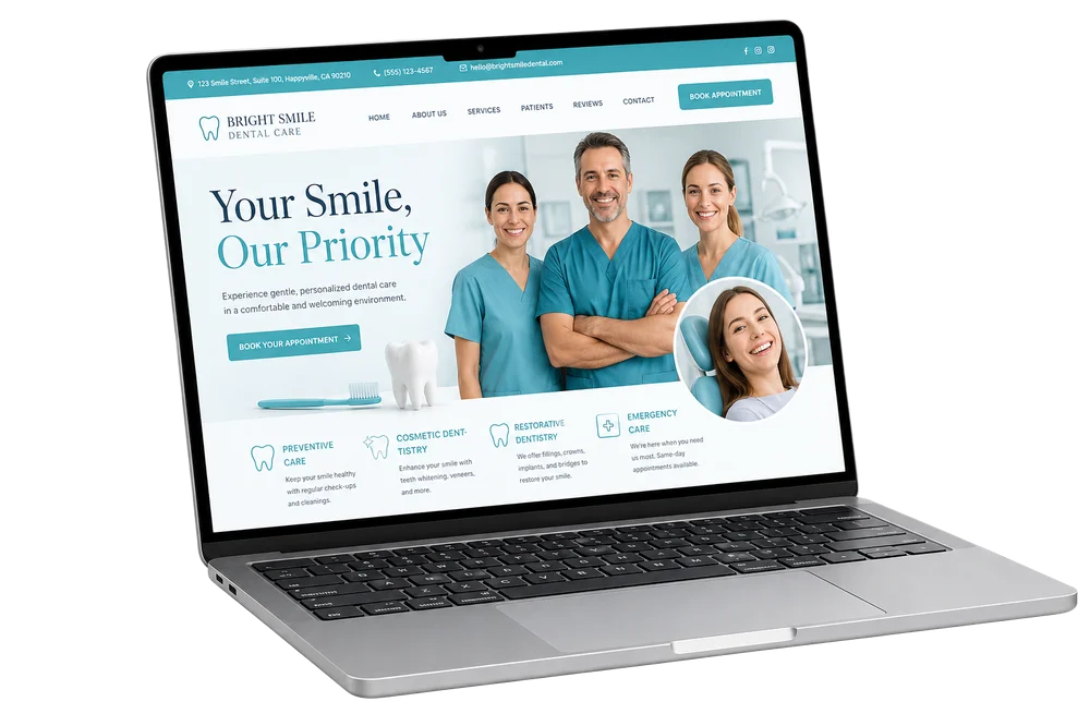 Dental practice website design displayed on a laptop