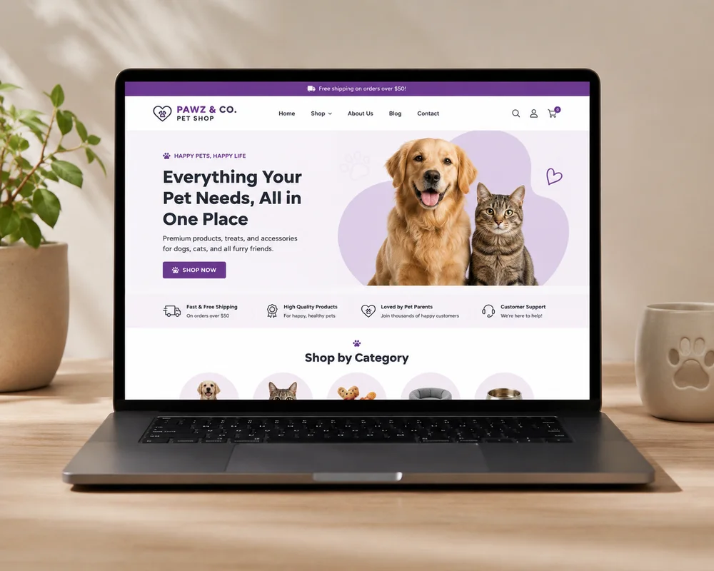 Pet shop website design displayed on a laptop